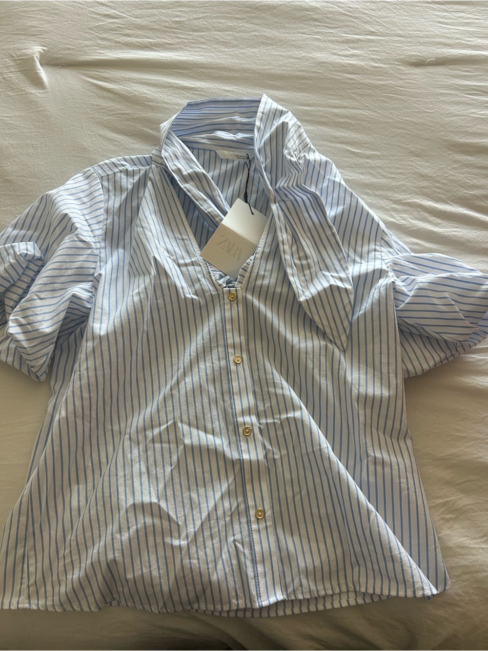 Zara Women's White Shirt with Light Blue Stripes